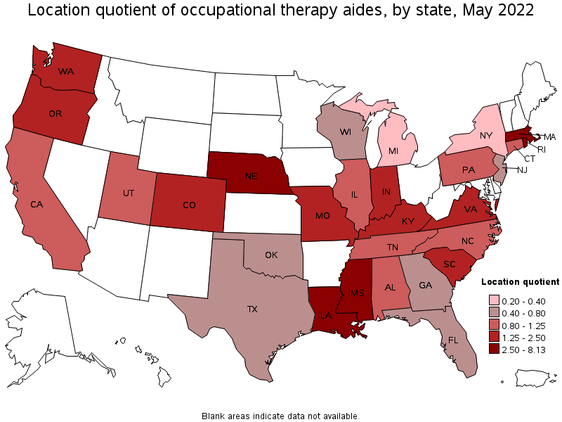 Map of location quotient of occupational therapy aides by state, May 2022