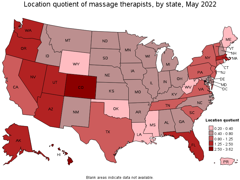 Map of location quotient of massage therapists by state, May 2022