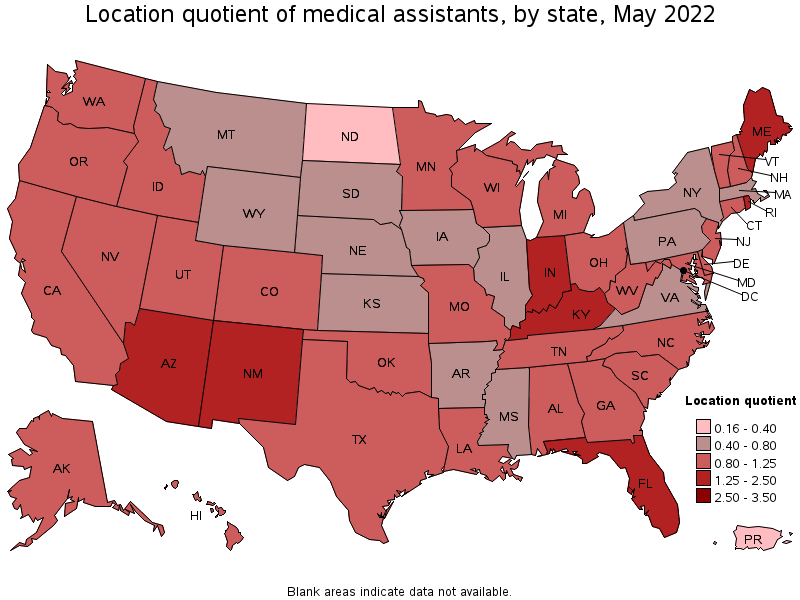 Map of location quotient of medical assistants by state, May 2022