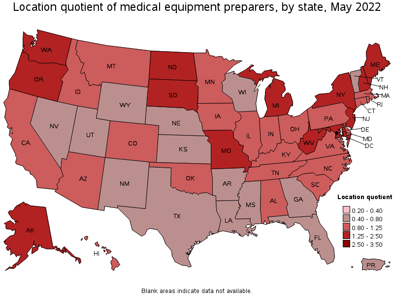 Map of location quotient of medical equipment preparers by state, May 2022