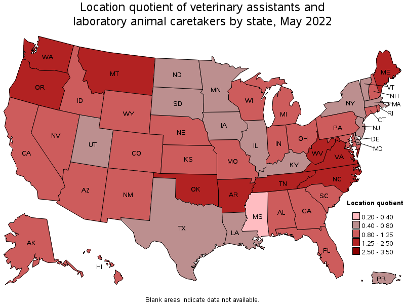 Map of location quotient of veterinary assistants and laboratory animal caretakers by state, May 2022