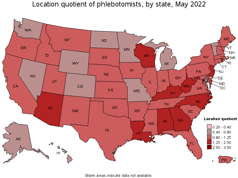 Map of location quotient of phlebotomists by state, May 2022