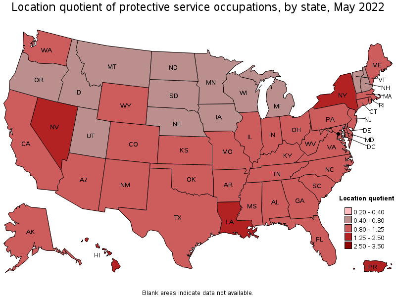 Map of location quotient of protective service occupations by state, May 2022