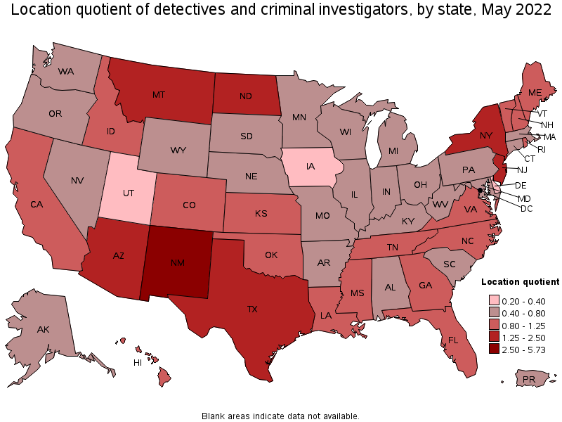 Map of location quotient of detectives and criminal investigators by state, May 2022