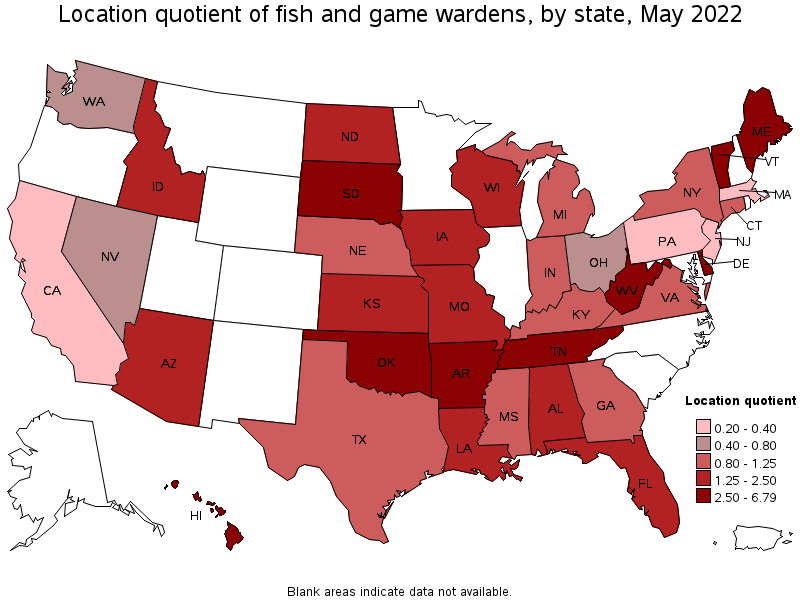 Map of location quotient of fish and game wardens by state, May 2022