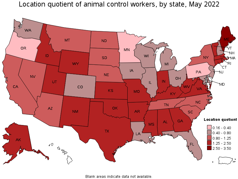 Map of location quotient of animal control workers by state, May 2022