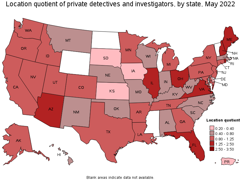 Map of location quotient of private detectives and investigators by state, May 2022