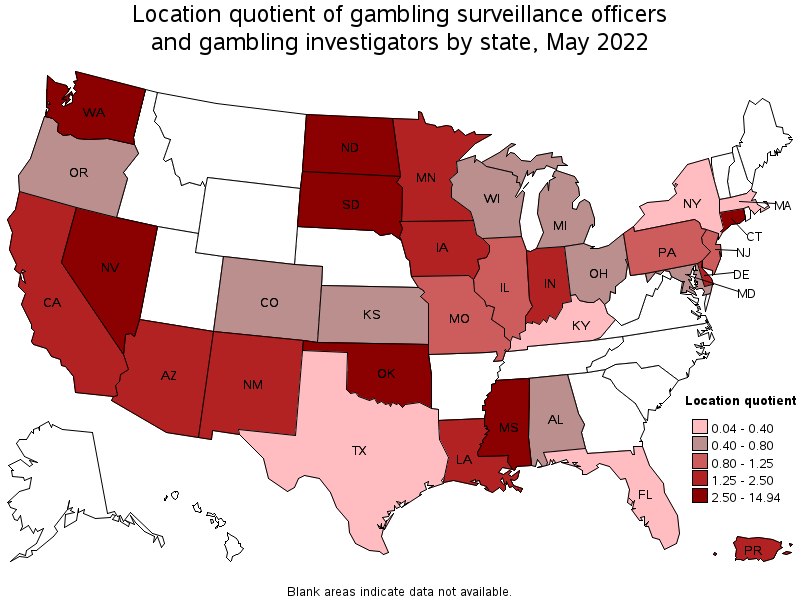 Map of location quotient of gambling surveillance officers and gambling investigators by state, May 2022