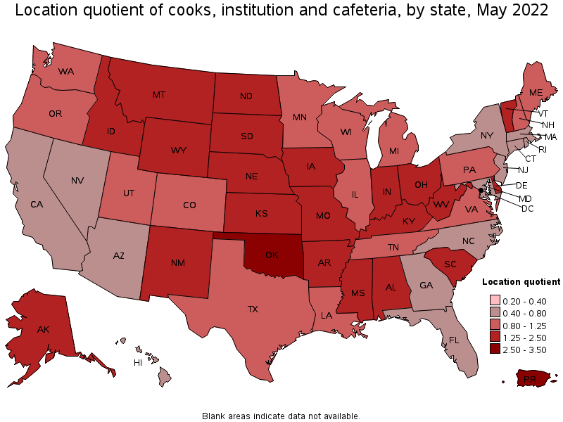 Map of location quotient of cooks, institution and cafeteria by state, May 2022
