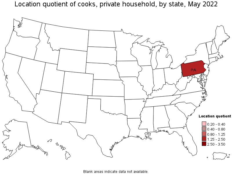 Map of location quotient of cooks, private household by state, May 2022