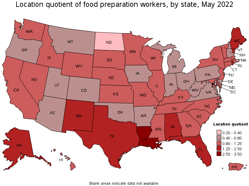 Map of location quotient of food preparation workers by state, May 2022