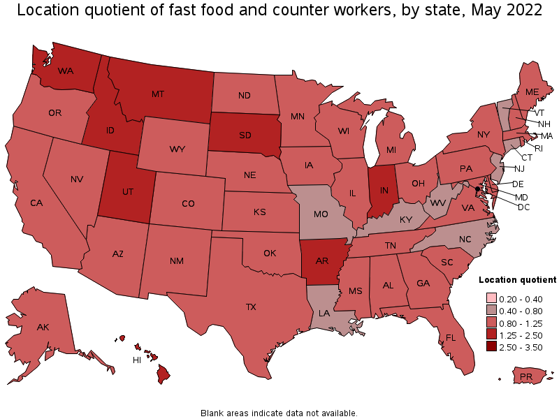 Map of location quotient of fast food and counter workers by state, May 2022