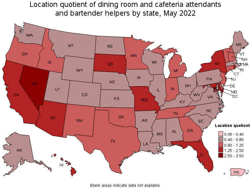 Map of location quotient of dining room and cafeteria attendants and bartender helpers by state, May 2022