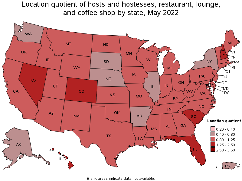 Map of location quotient of hosts and hostesses, restaurant, lounge, and coffee shop by state, May 2022