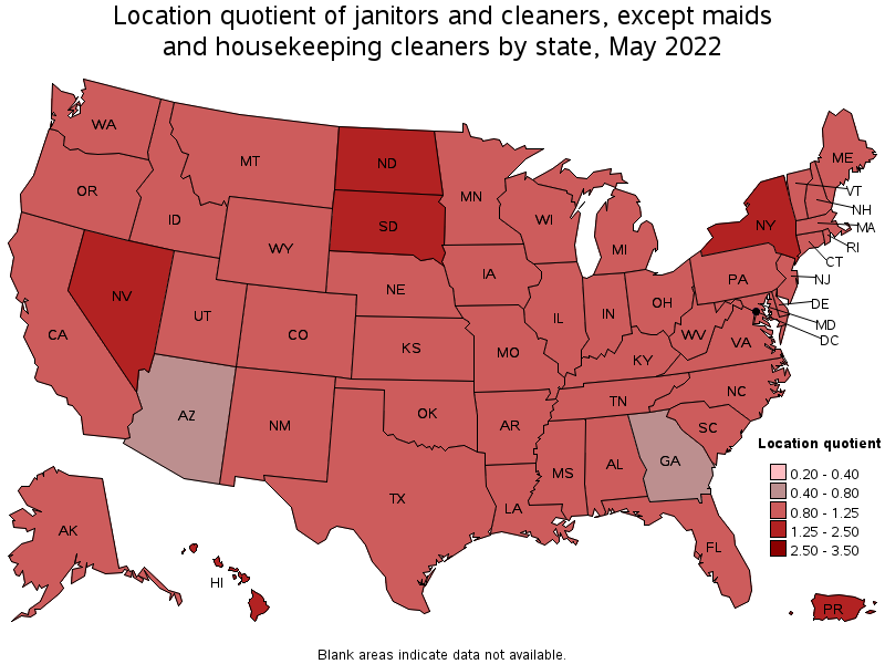 Map of location quotient of janitors and cleaners, except maids and housekeeping cleaners by state, May 2022