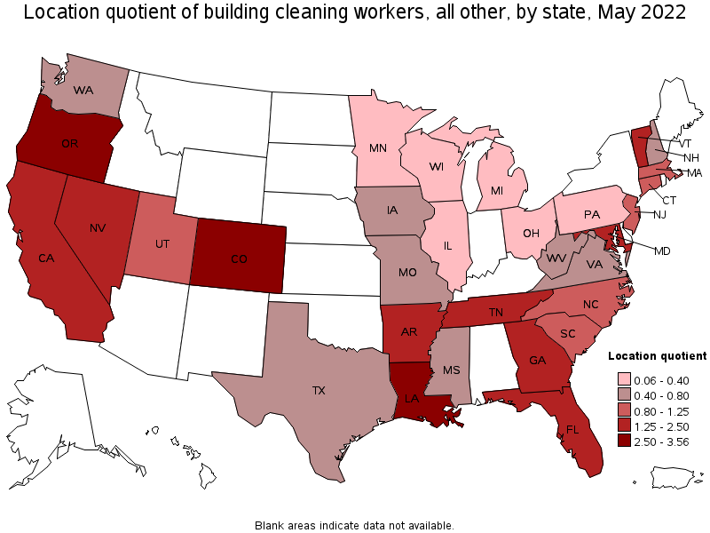 Map of location quotient of building cleaning workers, all other by state, May 2022