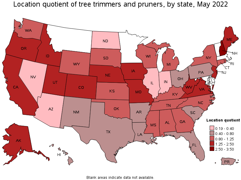 Map of location quotient of tree trimmers and pruners by state, May 2022