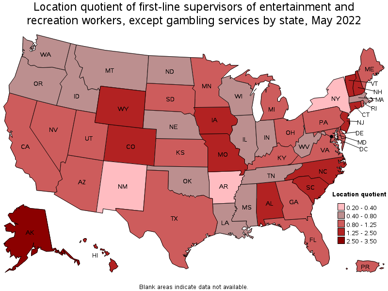 Map of location quotient of first-line supervisors of entertainment and recreation workers, except gambling services by state, May 2022