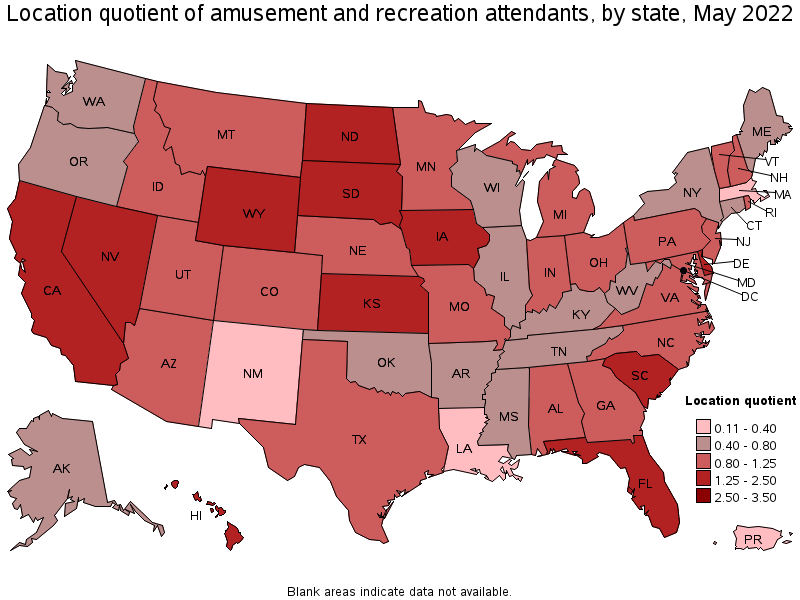 Map of location quotient of amusement and recreation attendants by state, May 2022