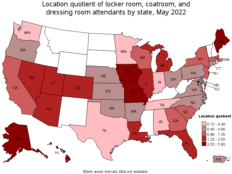 Map of location quotient of locker room, coatroom, and dressing room attendants by state, May 2022