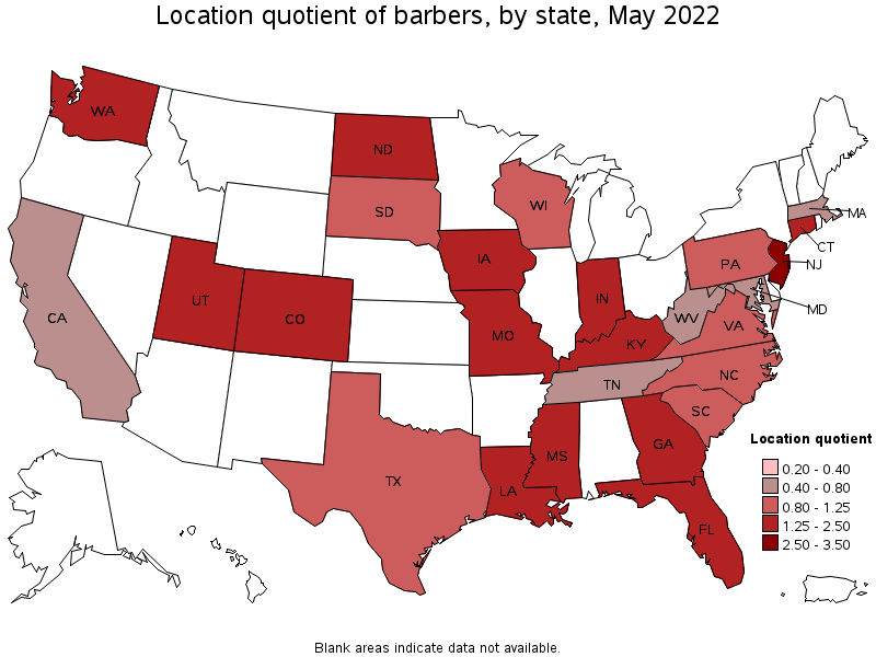 Map of location quotient of barbers by state, May 2022