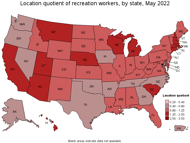 Map of location quotient of recreation workers by state, May 2022