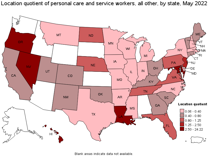 Map of location quotient of personal care and service workers, all other by state, May 2022