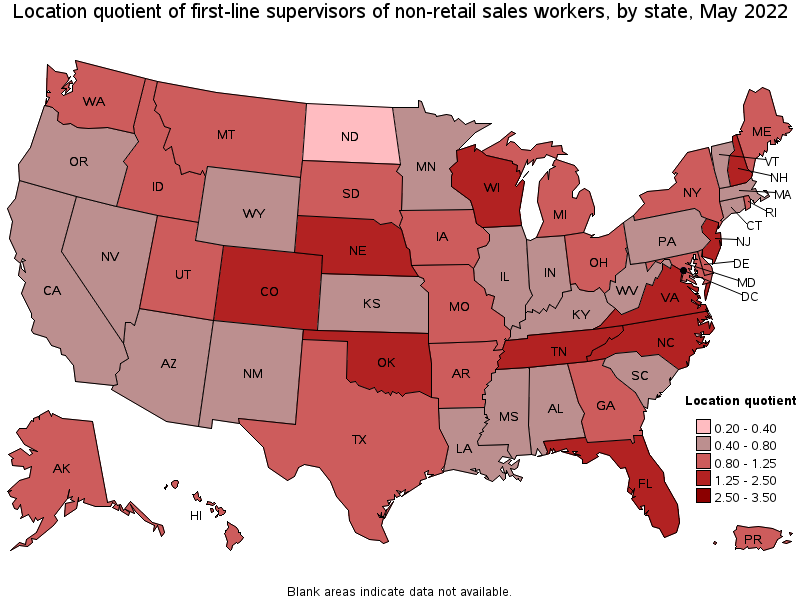 Map of location quotient of first-line supervisors of non-retail sales workers by state, May 2022