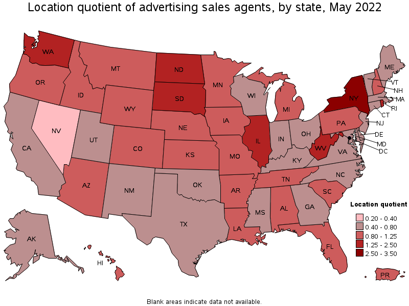 Map of location quotient of advertising sales agents by state, May 2022