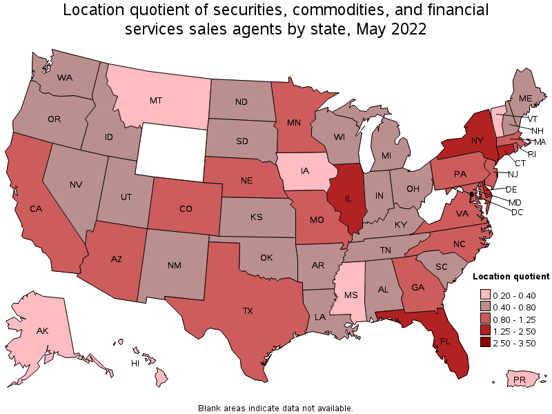 Map of location quotient of securities, commodities, and financial services sales agents by state, May 2022