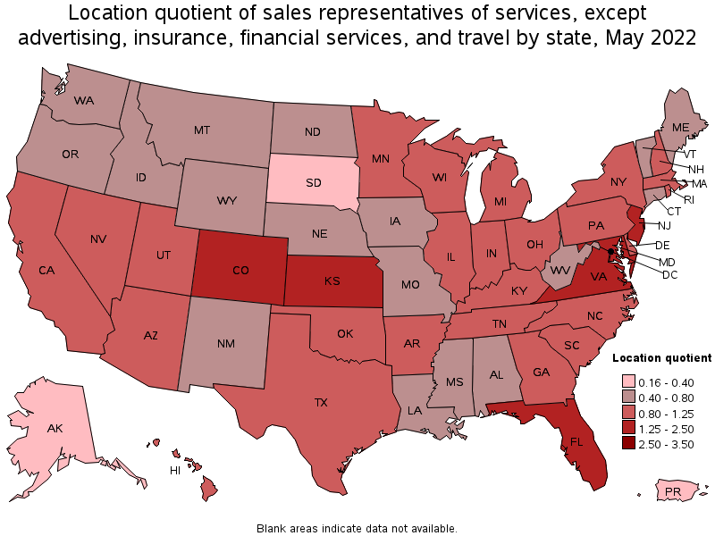 Map of location quotient of sales representatives of services, except advertising, insurance, financial services, and travel by state, May 2022