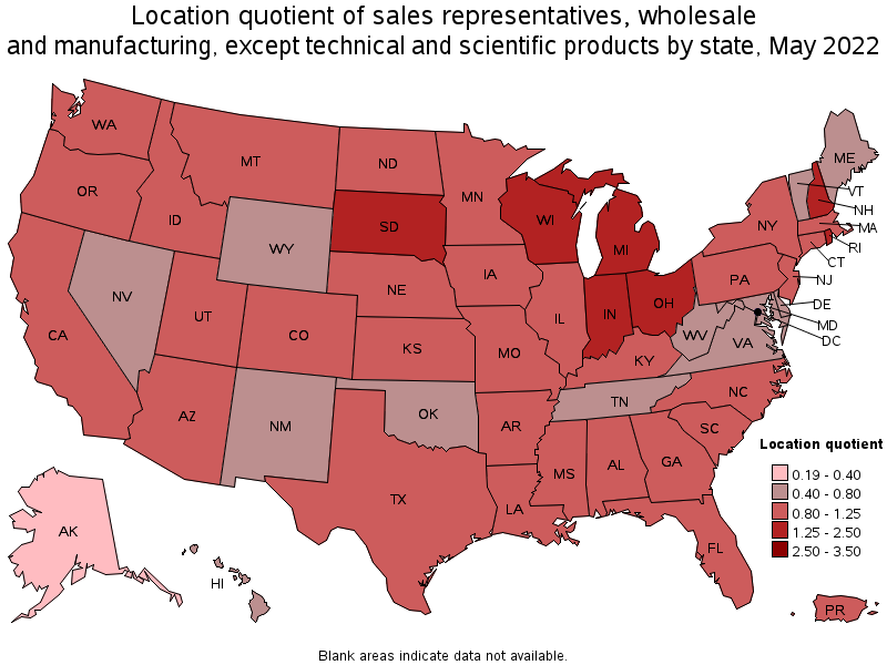 Map of location quotient of sales representatives, wholesale and manufacturing, except technical and scientific products by state, May 2022