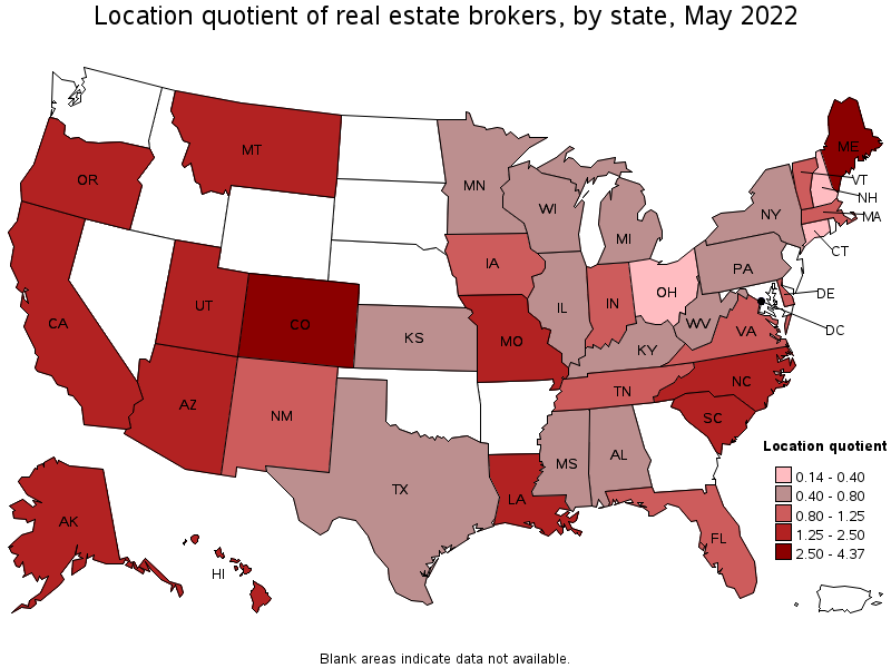 Map of location quotient of real estate brokers by state, May 2022