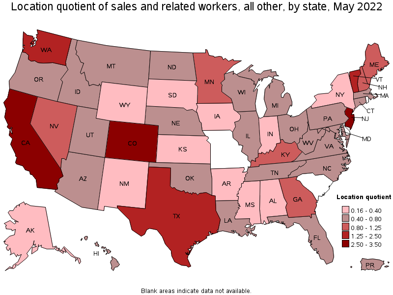 Map of location quotient of sales and related workers, all other by state, May 2022