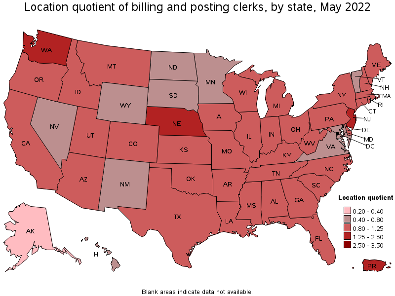 Map of location quotient of billing and posting clerks by state, May 2022