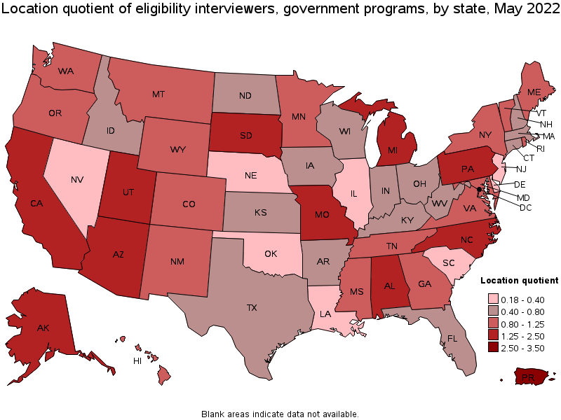 Map of location quotient of eligibility interviewers, government programs by state, May 2022