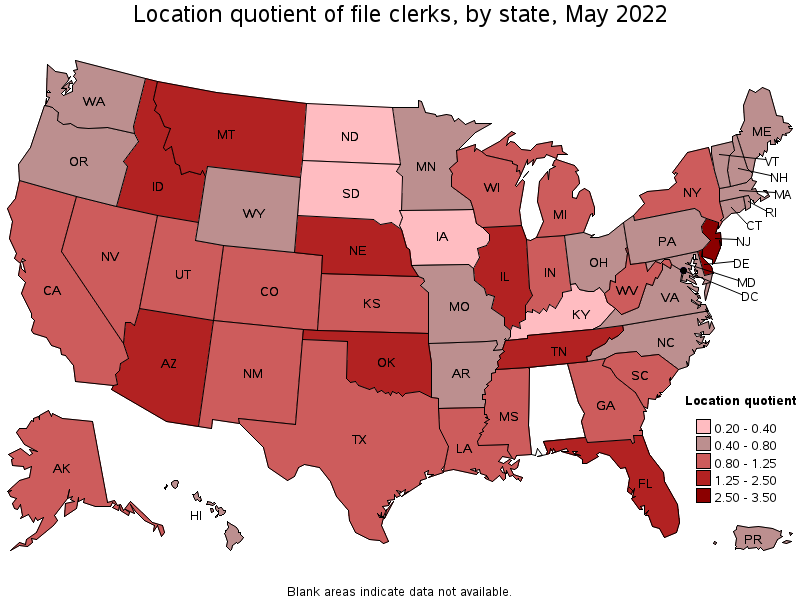 Map of location quotient of file clerks by state, May 2022