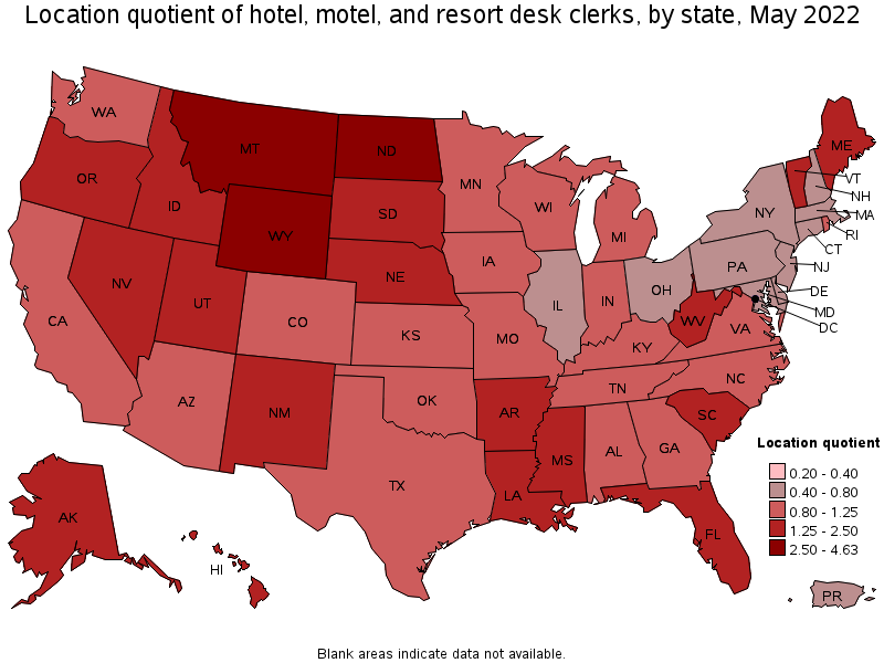 Map of location quotient of hotel, motel, and resort desk clerks by state, May 2022