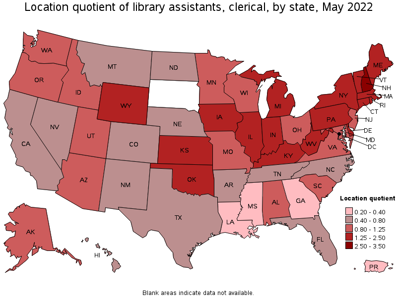 Map of location quotient of library assistants, clerical by state, May 2022