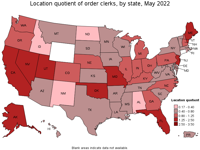 Map of location quotient of order clerks by state, May 2022