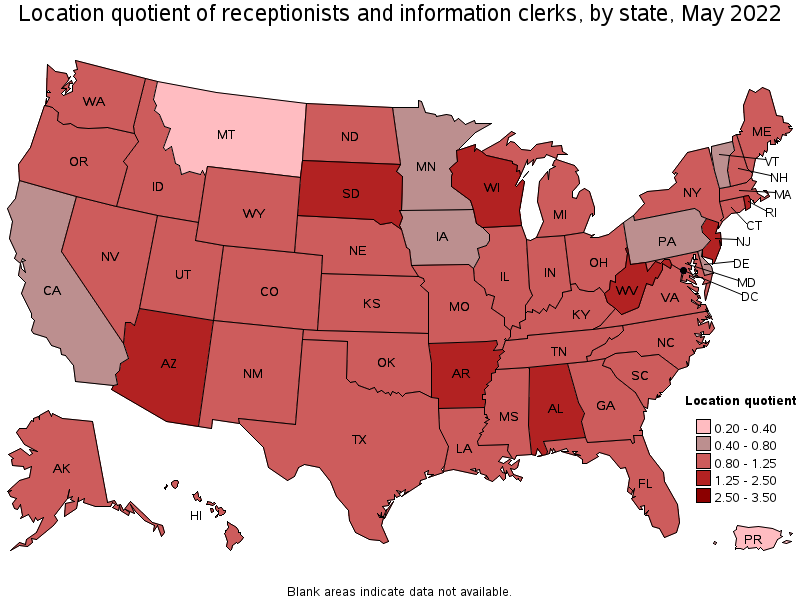 Map of location quotient of receptionists and information clerks by state, May 2022