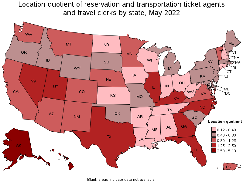 Map of location quotient of reservation and transportation ticket agents and travel clerks by state, May 2022