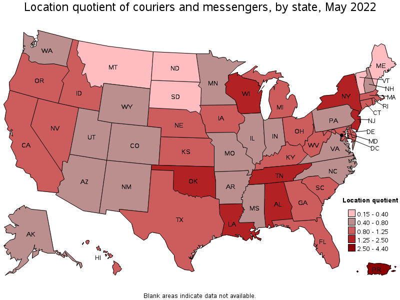 Map of location quotient of couriers and messengers by state, May 2022