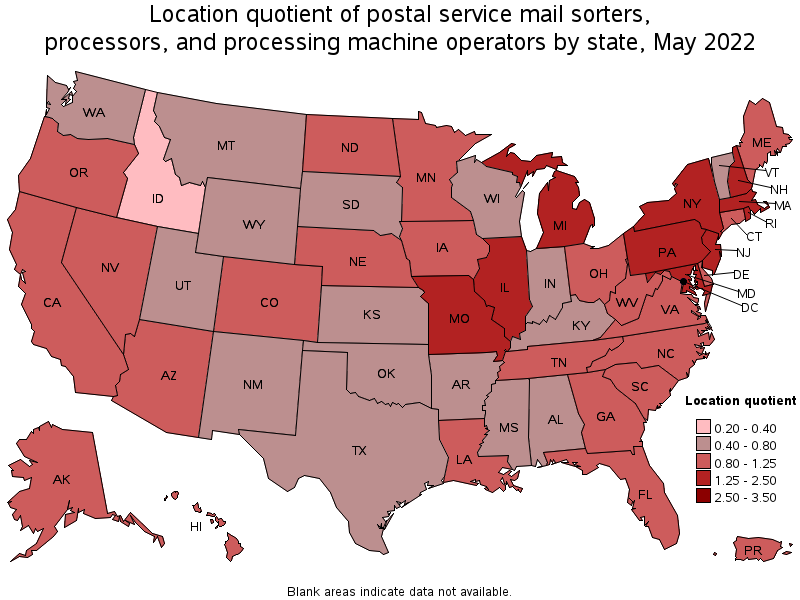 Map of location quotient of postal service mail sorters, processors, and processing machine operators by state, May 2022