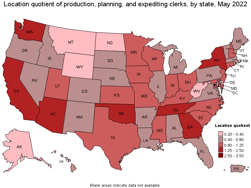 Map of location quotient of production, planning, and expediting clerks by state, May 2022