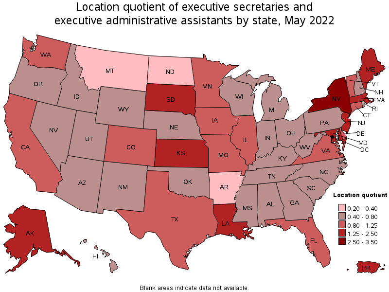 Map of location quotient of executive secretaries and executive administrative assistants by state, May 2022