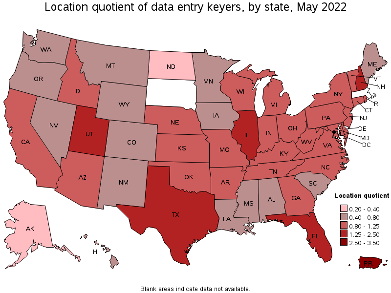 Map of location quotient of data entry keyers by state, May 2022