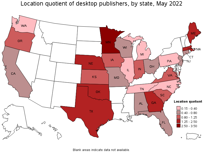 Map of location quotient of desktop publishers by state, May 2022