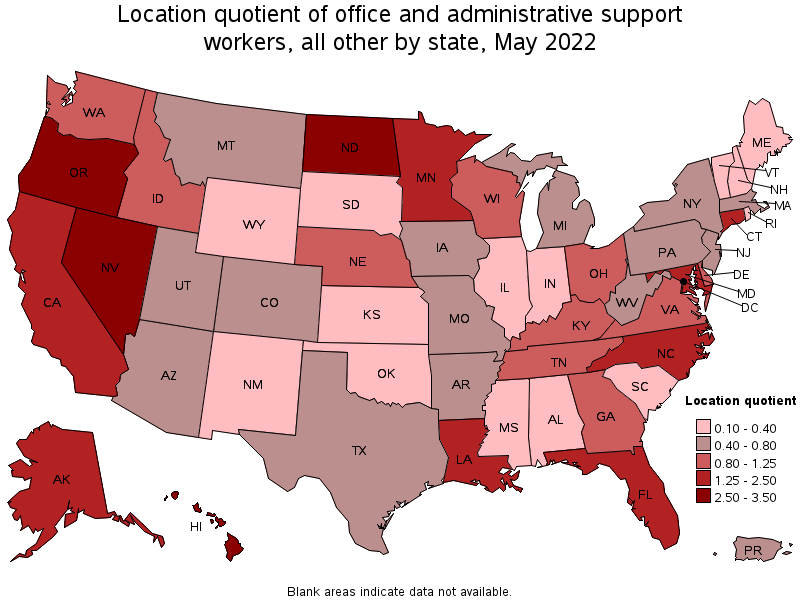 Map of location quotient of office and administrative support workers, all other by state, May 2022