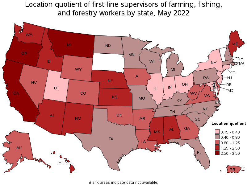 Map of location quotient of first-line supervisors of farming, fishing, and forestry workers by state, May 2022